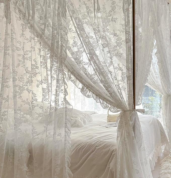Mengersi Canopy Bed Curtains with Tie Backs,Bed Canopy Curtains Bed Drapes Sheer Curtains for Bedroom Decor（California King,White