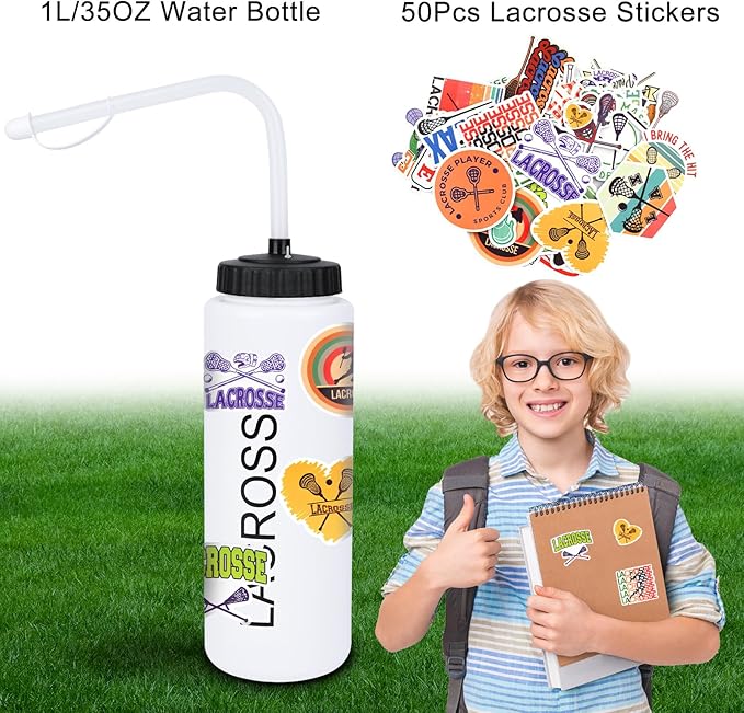 Lacrosse Gifts for Boys Gifts,Lacrosse Water Bottle with Long Straw and 50PCS Stickers Accessories Stuff for Player Lovers(1L,BPA,Squeeze)