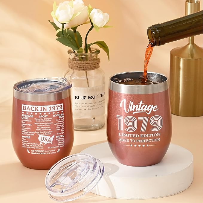 Lifecapido 45th Birthday Gifts for Women, Vintage 1979 Limited Edition Insulated Wine Tumbler with Wine Bag, 45 Year Old 45th Birthday Presents Christmas Gifts for Friends Mom Aunt Wine Lover, 12 oz