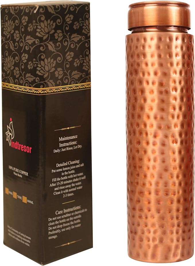Pure Copper Water Bottle - Handcrafted - Ayurveda Health Benefits - 33 OZ - Leak proof - Easy to carry for Sports, Fitness, Yoga, School - Hammered Copper Matte Finish Vintage.