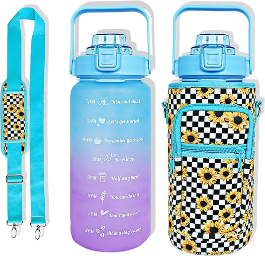 64 oz Water Bottle with Straw Sleeve & Strap Motivational Half Gallon Water Jug with Handle for Gym Women Men Aesthetic Water Bottle with Strap Sunflower