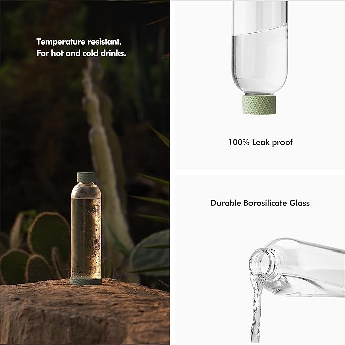 KIVY 32 oz Glass Water Bottle with Silicone Sleeve - BPA free Glass Water Bottles 32 oz - Green water bottles glass bottle clear - Borosilicate glass water bottle 32 oz - Glass drinking bottle