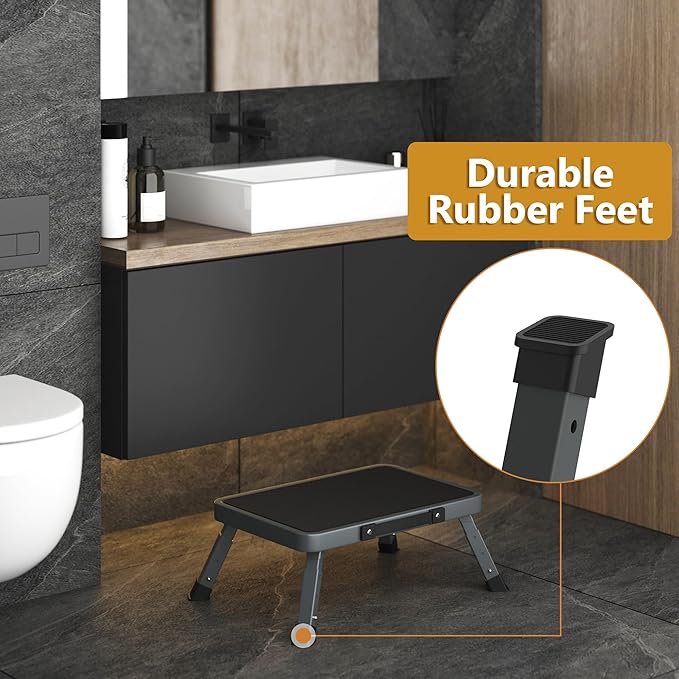 Folding Step Stool for Adults Kids with Non-Slip Platform, Height-Adjustable Sturdy Metal Stepping Stool, Bed Steps for High Beds,Collapsible Foot Step Stool for Bathroom Bedroom Kitchen RVs,Dark Gray