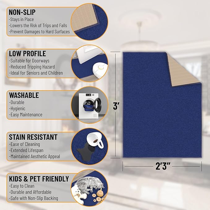 Machine Washable Modern Solid Design Non-Slip Rubberback 2x3 Traditional Area Rug for Entryway, Bedroom, Kitchen, Bathroom, 2'3" x 3', Navy