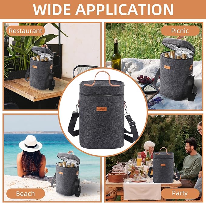 4 Bottle Carrier Tote, Thicken Felt Wine Carrier Padded Portable Wine Bottle Bag with Leather Handles & Shoulder Strap for Party, Picnic, Travel, BYOB (Dark Grey)