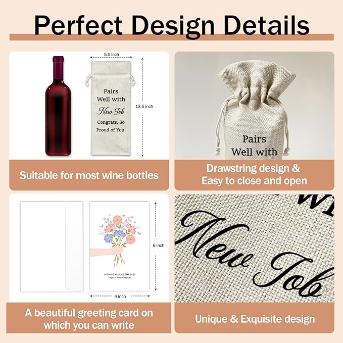 New Job Wine Gift Bags & Card, Congrats on New Job Gifts Promotion Gifts for Her Him Coworker Colleague, 1 pcs Reusable Burlap Wine Gift Bags for Wine Bottles, New Job Congratulations Party Favor -23