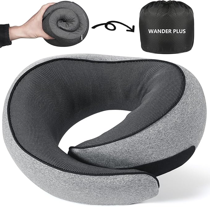 WANDER PLUS® Genuine Travel Pillow, 100% Pure Memory Foam Neck Pillow for Airplanes, Comfortable Breathable Cover, 360° Support Stowable Pillows for Sleeping, Car, Airport Travel Essentials, Grey