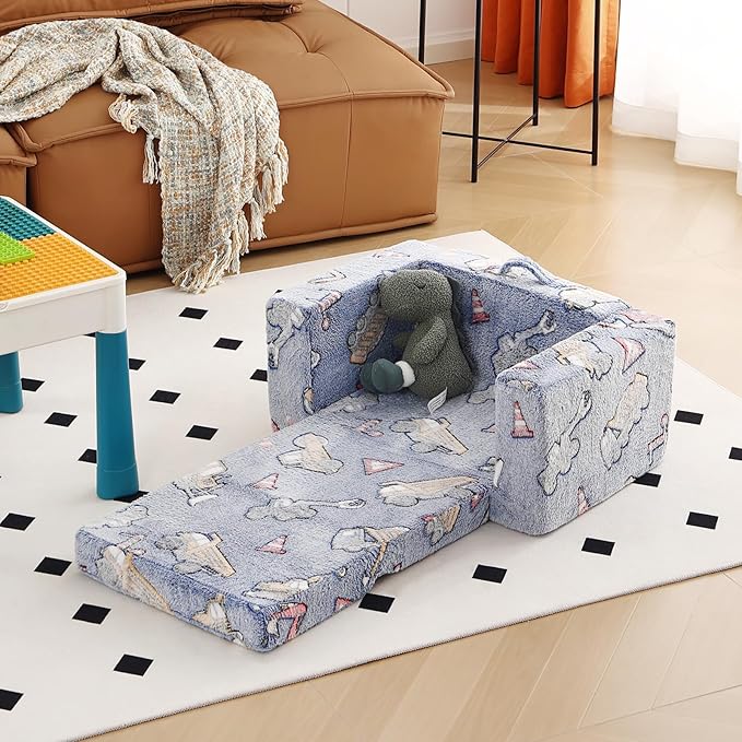 Tiita Kids Chair Couch, Folding Toddler Comfy Sofa Chairs, 2-in-1 Kids Plush Sofa Fold Out, Baby Armrest Chair Sofa to Lounger, Convertible Play Sofas to Bed for Girl or Boy, Vehicles