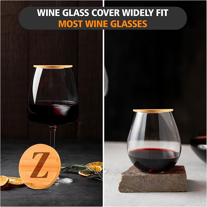 Personalized Wine Glass Charcuterie Topper - Custom Laser Engraved Initial Bamboo Wine Glass Topper Stopper Coasters Plate ID Identification Wine Glass Charcuterie Board Topper (Letter Z)