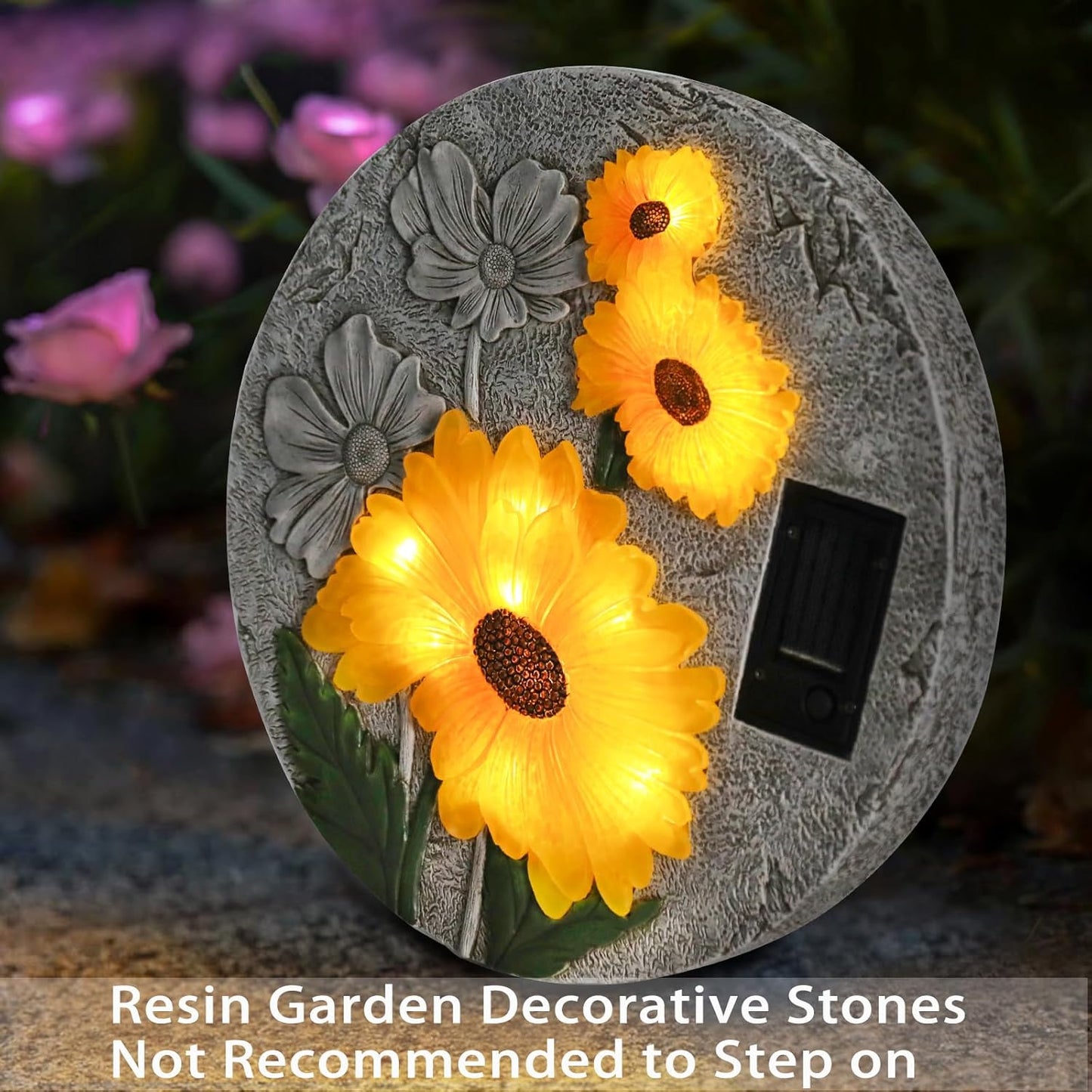 DREAM GARDEN Garden Décor Sunflower Outdoor Decorative Stones, Solar Garden Stone Resin Outdoor Garden Stone Patio, Walkway Stones Yard Art, 10.75 Inch