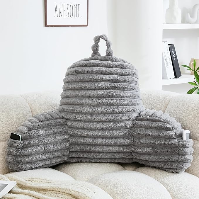WERDIM Reading Pillow for Sitting in Bed, Faux Fur Back Pillow for Bed Rest, Bed Chair Pillow with Arms and Pockets(Large, Grey)