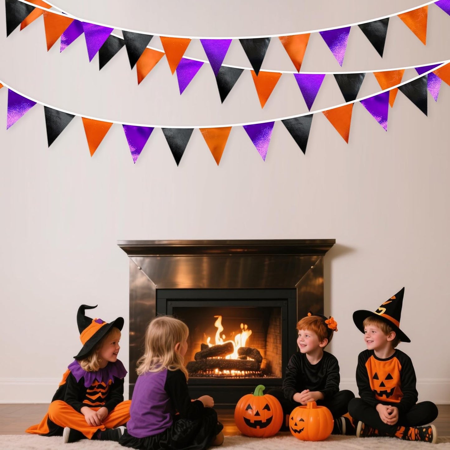 Black Orange Purple Halloween Party Decorations Metallic Fabric Triangle Pennant Banner Flag Bunting Garland for Birthday Baby Shower Bachelorette Trick or Treat Halloween Holiday Party Supplies