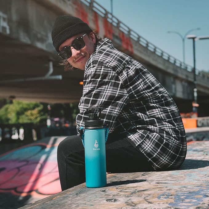 Farsea Insulated Water Bottle With Paracord Handle, Protective Boot and 2 Lids (Straw Lid & Spout Lid), Stainless Steel Water Bottle Wide Mouth, Double Wall Sweat-Proof BPA-Free, 18 oz