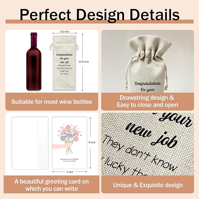 New Job Wine Gift Bags & Card, Congrats on New Job Gifts Promotion Gifts for Her Him Coworker Colleague, 1 pcs Reusable Burlap Wine Gift Bags for Wine Bottles, New Job Congratulations Party Favor -24