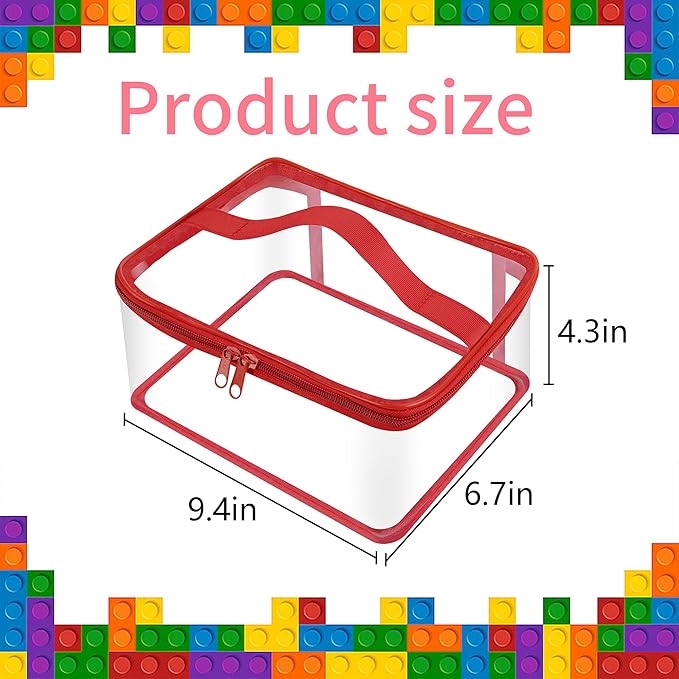 3 Packs Clear Toy Storage Bags- 9.4 x 6.7 x 4.3 Inch Transparent PVC Toy Organizing Bags with Zipper- Waterproof Toy Storage Organizer Pouch for Building Blocks, Small Toys (Red)