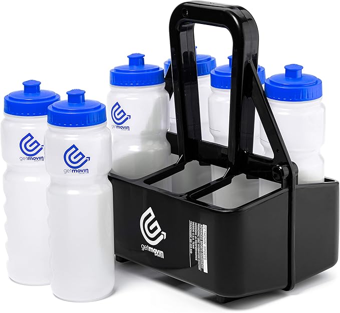 Premium Hydration Station Includes 6 Ergonomic Squeeze Water Bottles Black And 1 Water Bottle Carrier (Blue)