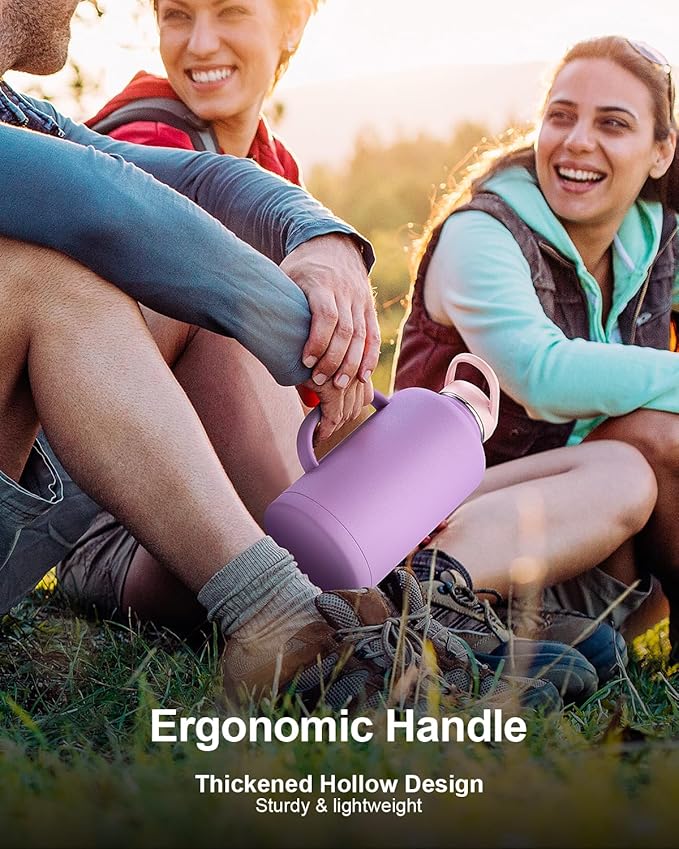 Trebo Half Gallon Water Bottle Insulated with Handle,64 oz Double Wall Stainless Steel Metal Large Jug,Travel Flask with Straw Spout Lid,Mug Tumbler Cup with Carry Pouch,Keep Cold Hot, Purple