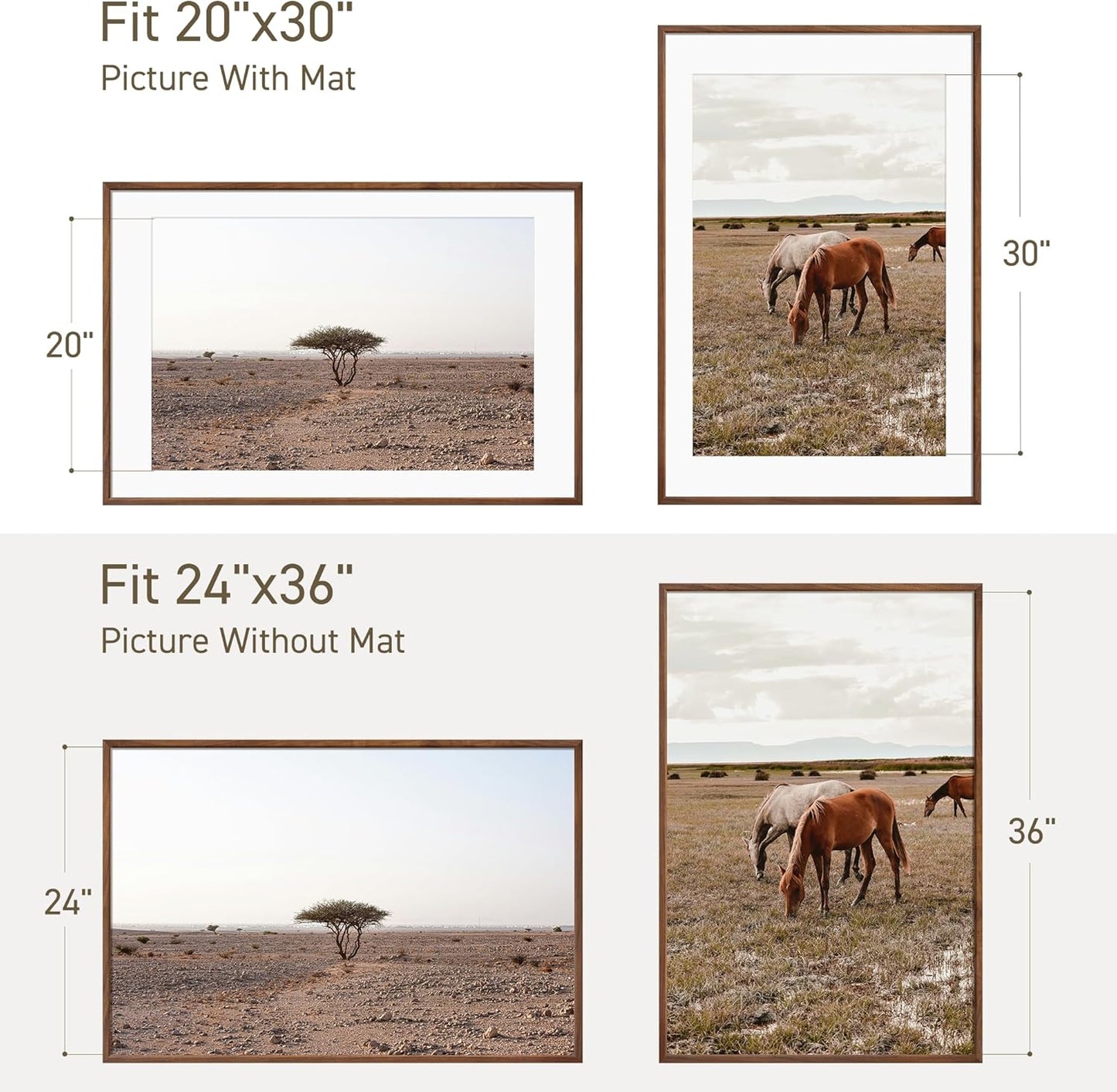 24x36 Poster Frame Natural Solid Walnut Photo Frames with 20x30 Removable Mat Wall Hanging Large Handcrafted Frame with HD Plexiglass Wall and Tabletop Display Large Picture Frame