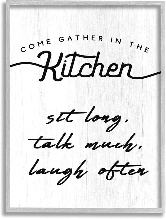 Stupell Industries Kitchen Gathering Sign Minimal Sit Talk Laugh Phrase, Designed by Daphne Polselli Gray Framed Wall Art, 24 x 30, Off- White