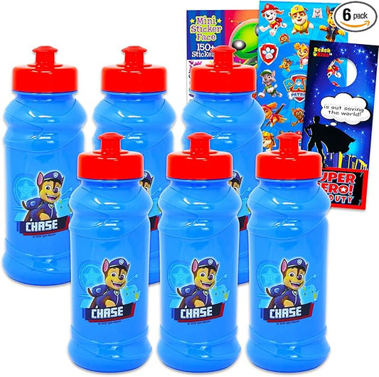 Paw Patrol Plastic Water Bottle for Kids - 6pc Paw Patrol Travel Bundle with Reusable Water Bottles For Home, School, and Sports, Sticker Activity Book, and More
