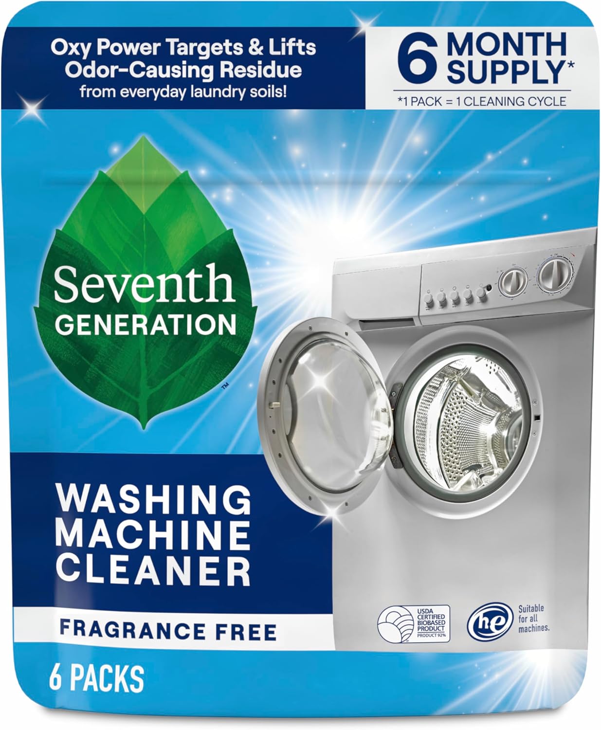 Seventh Generation Washing Machine Cleaner 6 Count Free & Clear Targets Odor-Causing Residue Powered by Oxy Power 4.2 oz