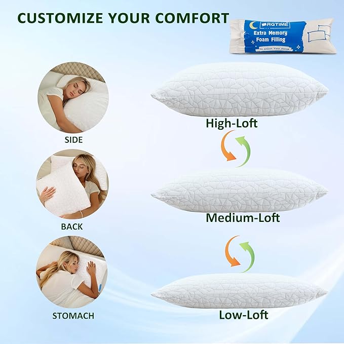 Cooling Pillows for Sleeping, Adjustable Shredded Memory Foam Pillow Queen Set of 1, Cool Pillow for Hot Sleepers, with Extra Fill for Side Back and Stomach Sleepers