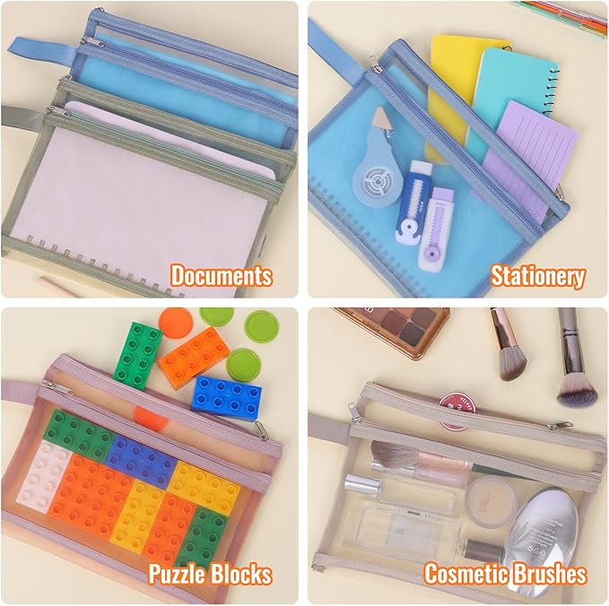 EOOUT 10 Pack Colored Mesh Zipper Pouch Bags, A5 Double-Layer Nylon Puzzle Organizers and Storage Building Block Board Game Storage Breathable Clear Zipper Bags for Office Home Games