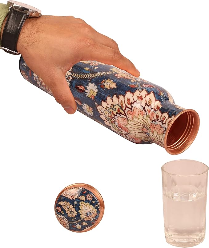 Pure Copper Water Bottle - Handcrafted - Ayurveda health benefits - Large 35 oz - Leak proof - Easy to carry for Sports, Fitness, Yoga, School - Indigo Blue Base Floral Patterns Enamel