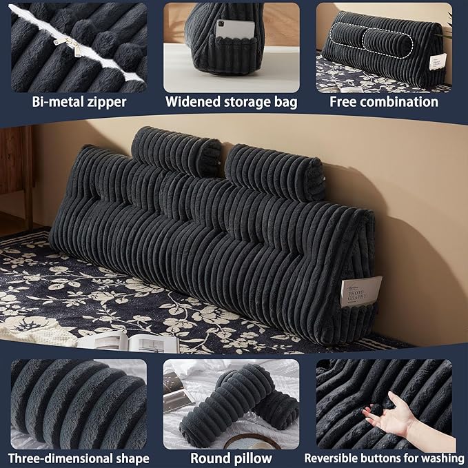 Faux Fur Headboard Pillow with 2 Pack Neck Roll Pillow Large Headboard Pillow Soft and Supportive with Removable Cover (Grey, King)