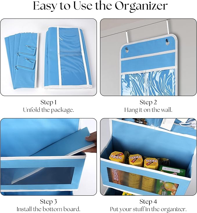 Heavy Duty Over Door Organizer, Wall Mount Hanging Organizer Storage with 4 Large Capacity Pockets, Closet Bathroom Nursery Bedroom Dorm, Toys Cosmetics Sundries and Baby Essentials, Blue