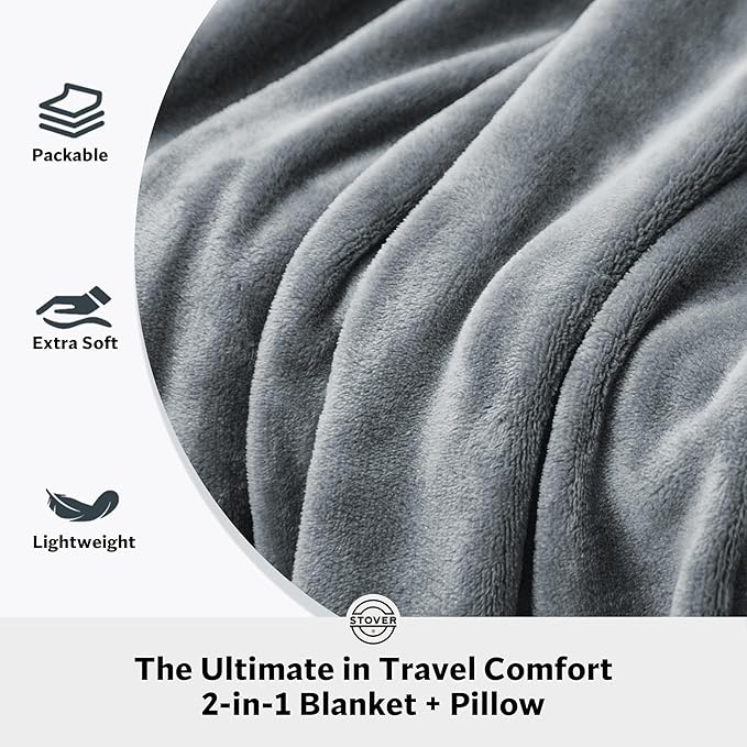 STOVER 2-in-1 Combo Airplane Travel Blanket & Pillow Bag- Lightweight, Compact, Packable, Warm Premium Fleece Set for Long Flights- w/Luggage Sleeve & Backpack Clip- for Men, Women & Families (Grey)