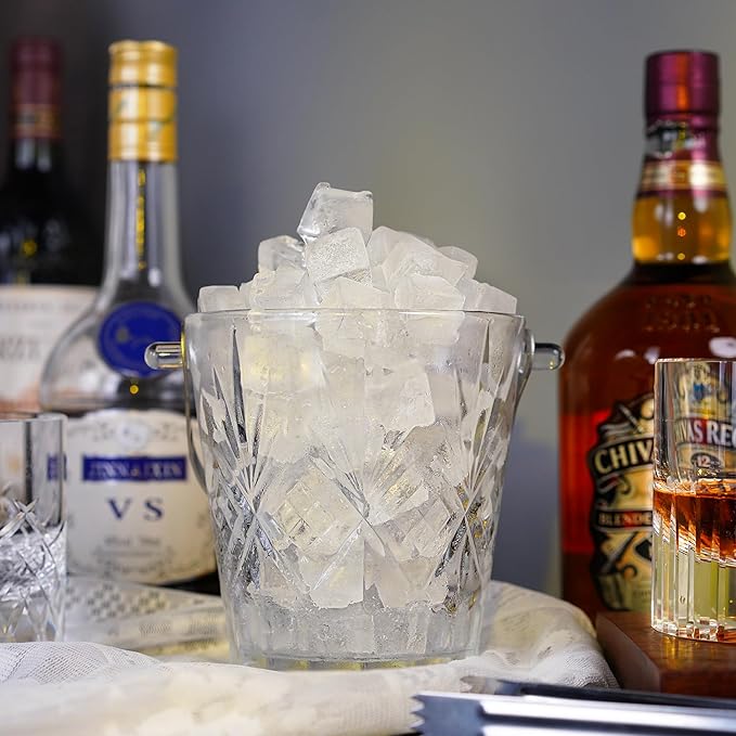 Clear Glass Ice Bucket with Ice Tong and Handle Crystal Ice Cube Busket Cocktail Bar Champagne Bucket for Parties Wine Accessory