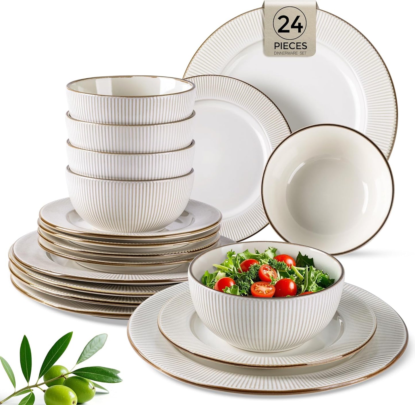 GBHOME Ceramic Dinnerware Sets, 24 pcs Embossed Elegant Stoneware Plates and Bowls Sets, Housewarming Wedding Gift | Dishwasher & Microwave Safe | Dishes Set Service for 8