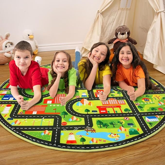 Kids Rug 4x4 Play Mats for Babies and Toddlers Car Rug Kids Room Rug Play Mat for Children Toddlers,Circle Rug Kids Classroom Playroom Play Rug Round Rug
