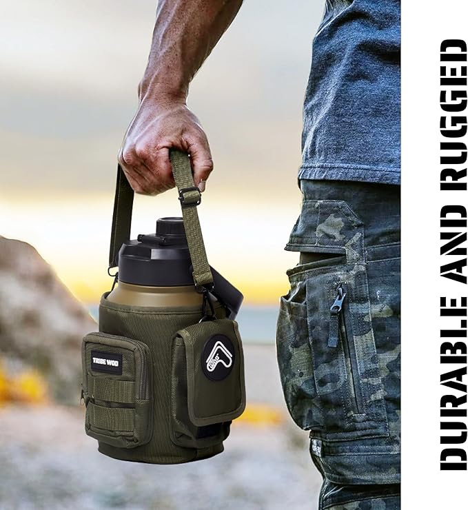TRIBE WOD Tactical Water Bottle - 64 oz - Outdoor Military Water Bottles Stainless Steel - Double-Wall Jug with Rugged Strap and Removable Sleeve for Keys, Wallet, Phone (Military Olive)