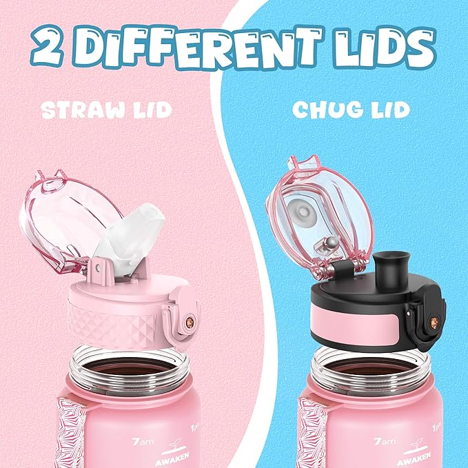 OLDLEY Kids Water Bottle for School, 17 oz (2 lids) BPA-Free Reusable Leak-proof Durable Tritan Plastic Water Bottles with Straw & Chug Lids, Anti-dust Spout Cover (Pink Blue)