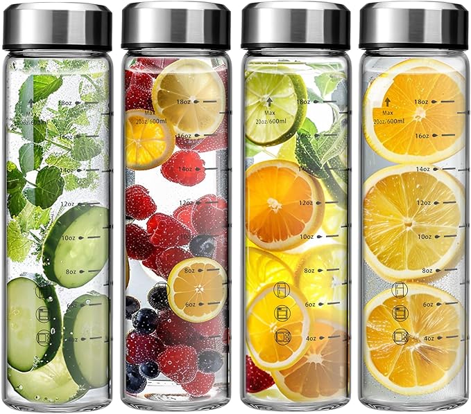 SIEROZUR Juice Bottles - 4 Pack Wide Mouth Glass Bottles with Lids - for Juicing, Smoothies, Infused Water, Beverage Storage - 20oz, BPA Free, Stainless Steel Lids, Leakproof, Reusable, Borosilicate