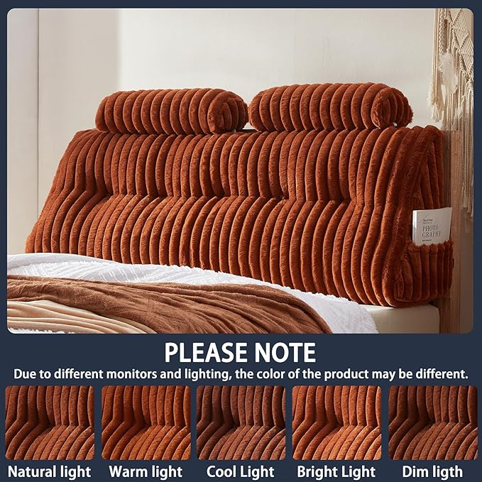 Faux Fur Headboard Pillow with 2 Pack Neck Roll Pillow Large Headboard Pillow Soft and Supportive with Removable Cover (Brown, Twin)