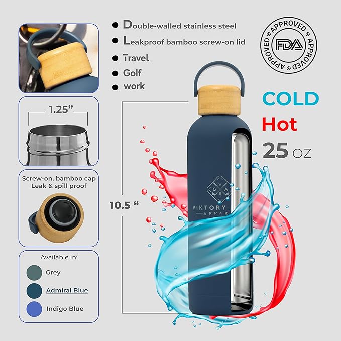 Premium, Double-Walled, Vacuum Sealed, Insulated Water Bottle - 25 oz (750 ml) with Carry Handle (Admiral Blue)
