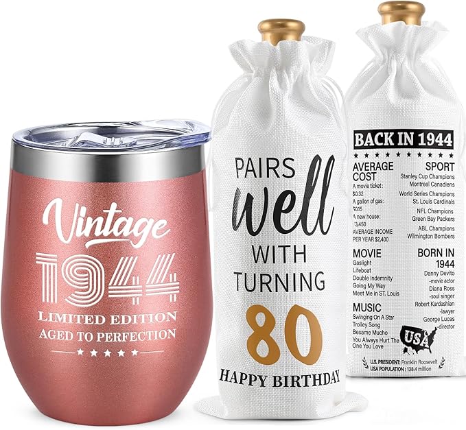 Lifecapido 80th Birthday Gifts for Women, Vintage 1944 Limited Edition Insulated Wine Tumbler with Wine Bag, Birthday Gifts for 80 Year Olds Woman, 80 Year Old Birthday Gifts for Mom Grandma, 12 oz