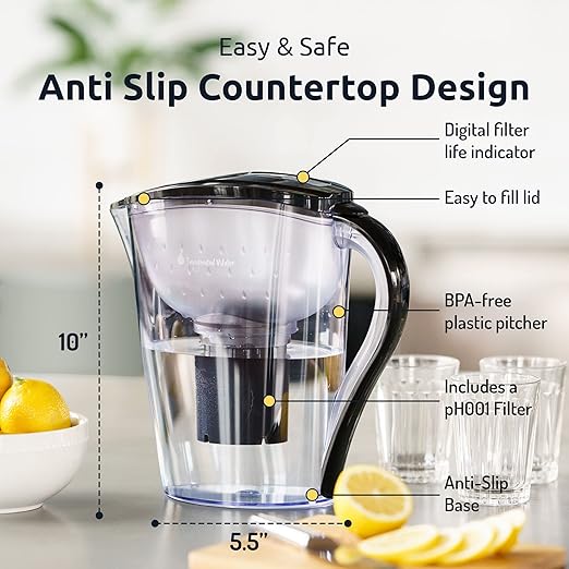 pH Restore Alkaline Water Pitcher - Long Lasting Water Filter Pitcher with Multi-Stage Filtration System - Water Jug for High pH, Pure Drinking Water - 3.5 L / 118 Oz - Black