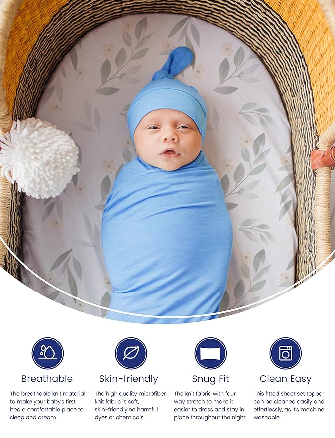 TotAha Premium Stretchy Bassinet Cradle Sheets (2-Pack) -Hypoallergenic, Silky Comfort, Buttery Soft, Calming Effect, All-Season Jersey-Knit Sheets,32 X 16 X 3''(Pink Buds & Green Leaves)