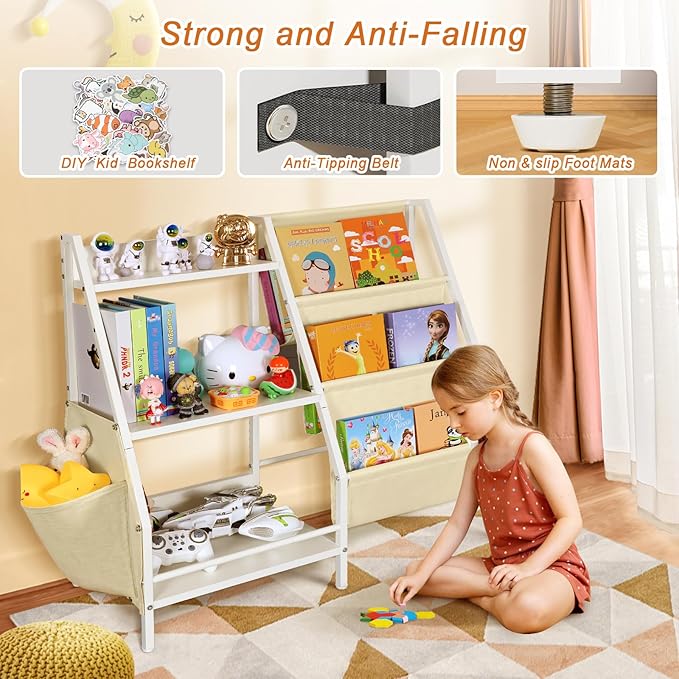 3-Tier Kids White bookshelf for Toy Storage and Display，Montessori Toddler bookcase Holds 100 Collection，Children Book Organizer Suitable for Toddler Baby Kid, Play Room,classroom,Nursery