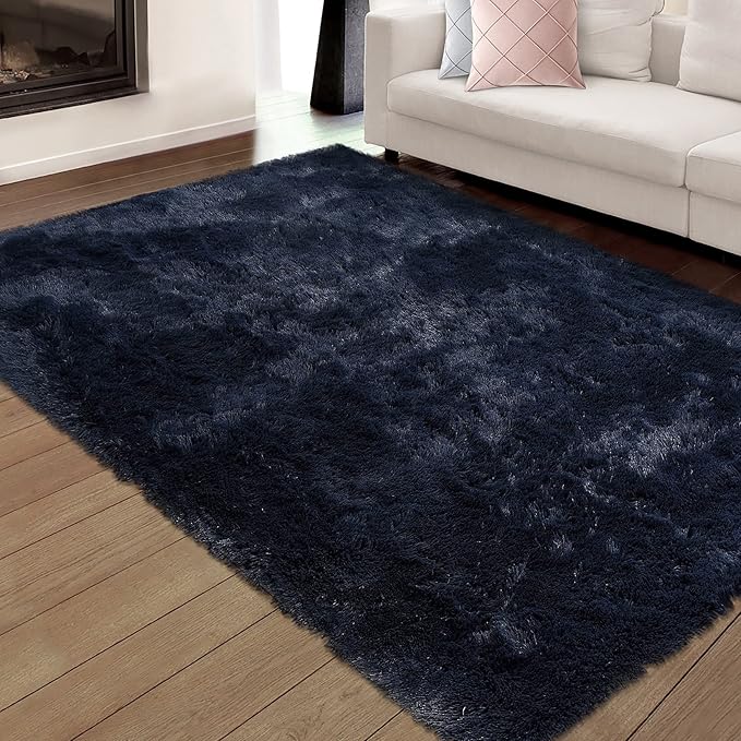 Large Modern Shag Rugs for Living Room, Fluffy Soft Area Rug Plush Carpet for Bedroom, Indoor Luxury Fuzzy Rug for Girls Kids Room Decor, Non Shedding Faux Fur Rugs, Navy Blue, 6' x 9'