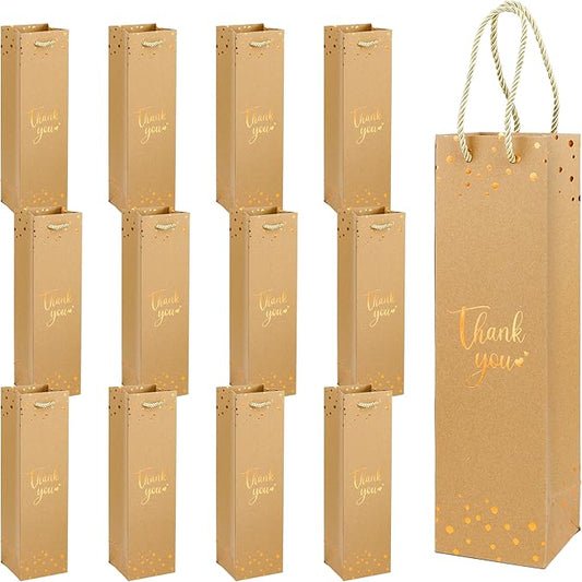 Ssyuysto 12 Pcs Wine Thank You Bags for Wine Bottles Elegant Wine Gift Bags with Metallic Gold Foil Print Kraft Paper Wine Bags with Handles for Travel(Brown)