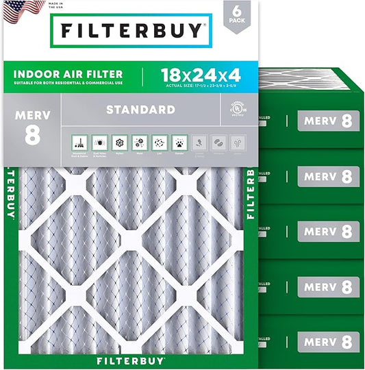 Filterbuy 18x24x4 Air Filter MERV 8 Dust Defense (6-Pack), Pleated HVAC AC Furnace Air Filters Replacement (Actual Size: 17.50 x 23.38 x 3.63 Inches)