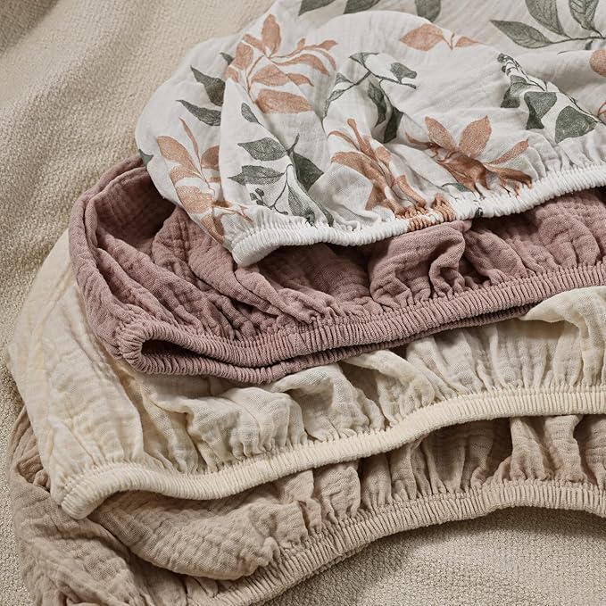 Muslin Bassinet Fitted Sheets, 2 Pack for Baby Boy and Girl, Soft Breathable Baby Pad/Mattress Sheet, Fit for Hourglass Oval and Rectangle Bassinet Mattress (Bright Leaves, Bassinet Sheets 2 Pack)