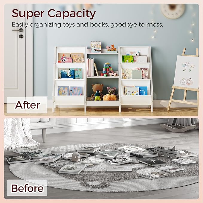Kids Bookshelf and Toy Organizer, 3-Tier Kids Bookcase, Kids Sling Bookshelf, Toddler Toy Storage Organizer with Bookshelf, for Kids Room, Playroom, Bedroom, Nursery, White BKWT34201