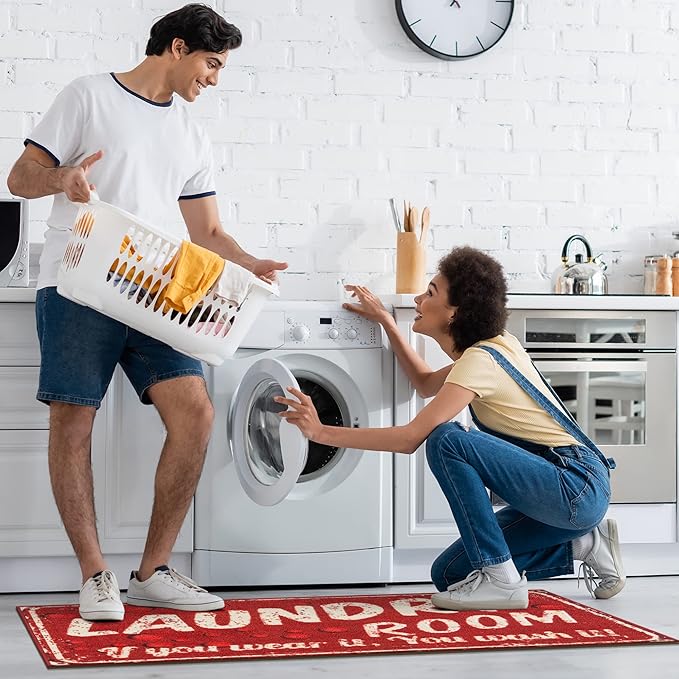 Ottomanson Laundry Collection Non-Slip Rubberback Laundry Text Design 2x5 Laundry Room Runner Rug, 20" x 59", Red