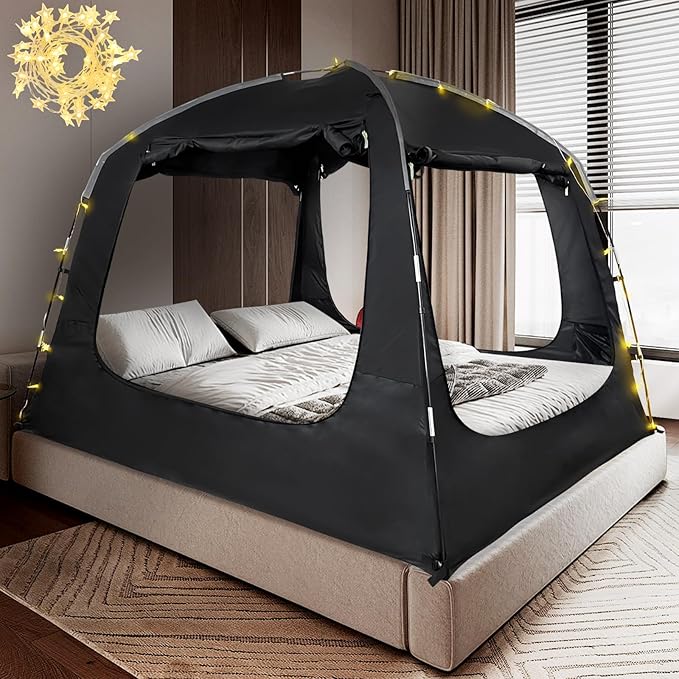 Bed Tent Bed Canopy Portable Twin Size Dream Tents 4 Doors 4 Mesh 80% Blackout - Indoor Breathable Sleeping Tents Privacy Space Tents for Adult with String Light